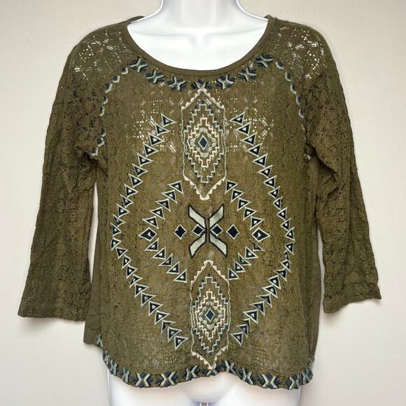 Free People Tops - Free People Olive Green Crochet Sheer Boho Hippie Embroidered Top Sz S